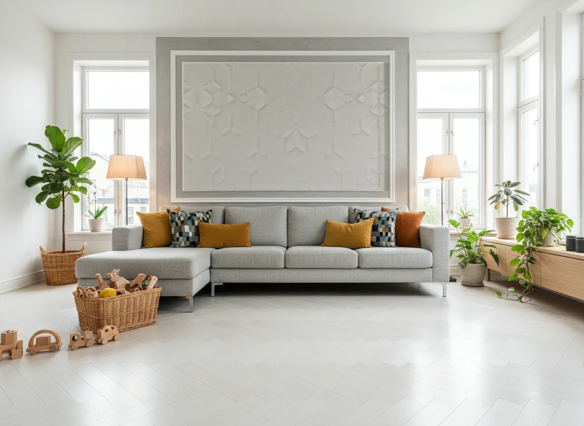 Polyform Vinacoustic Eole — Jasny salon skandynawski — pole w listwie