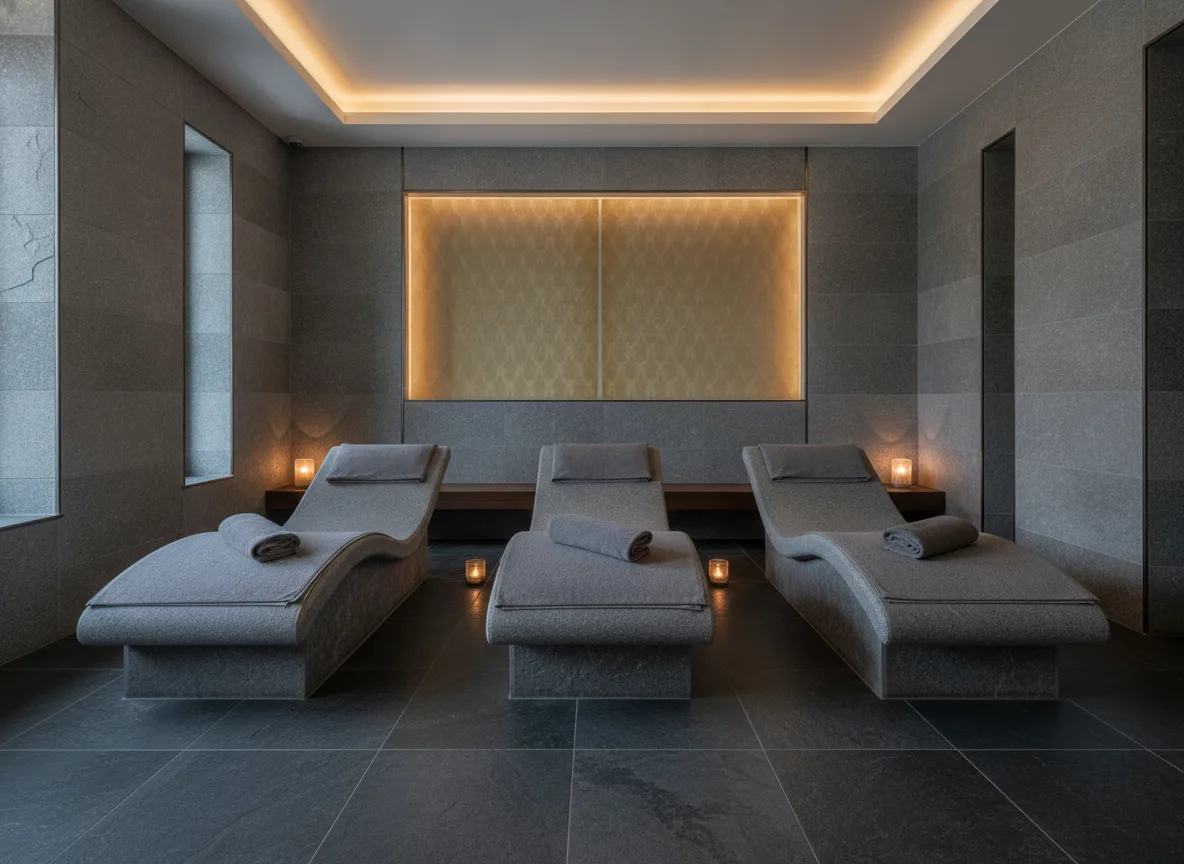 Tourmaline Textures Metalliques — Spa w szarym kamieniu — podświetlona wnęka
