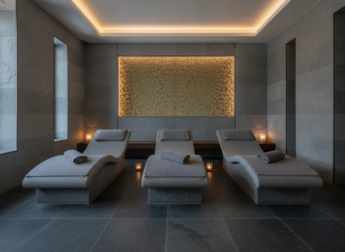 Veladero Textures Metalliques — Spa w szarym kamieniu — podświetlona wnęka