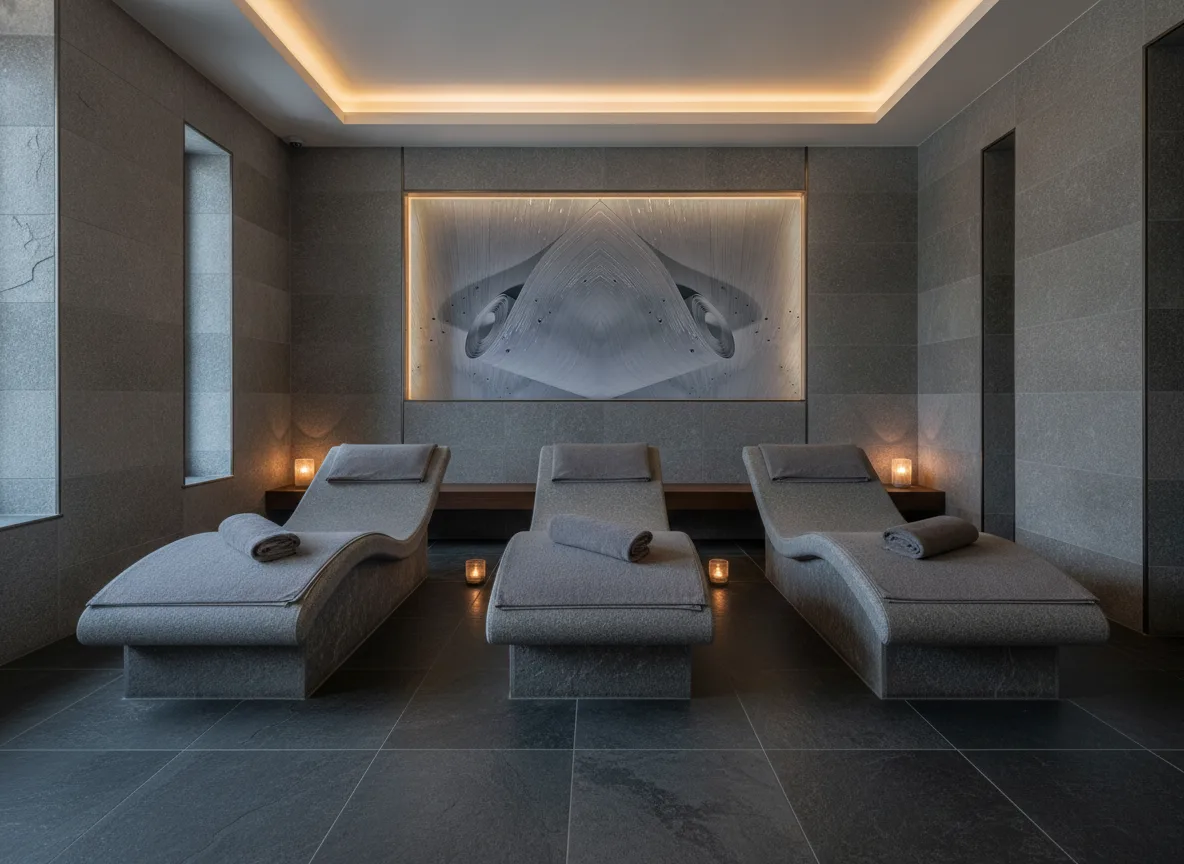 Świetliste smugi z kryształkami — Spa w szarym kamieniu — podświetlona wnęka